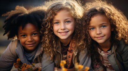 A varied group of joyful, fun-loving, multiethnic kids playing outside..