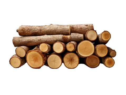 Stacked Logs of Timber Isolated on Transparent or White Background, PNG