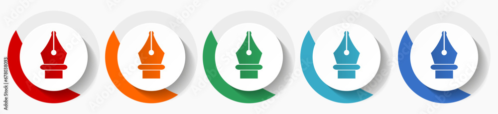 Leinwandbilder Pen vector icon set, flat design colorful round icons in 5 color options for webdesign and mobile applications