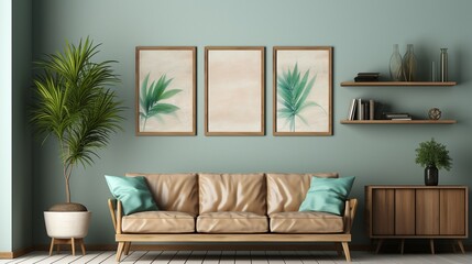 Living room interior, gallery wall poster frames mockup in white space with plenty of greenery and wooden furniture..
