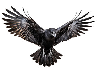 Raven Soaring with Fully Extended Wings Isolated on Transparent or White Background, PNG