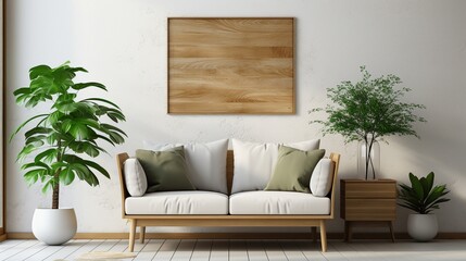 Living room interior, gallery wall poster frames mockup in white space with plenty of greenery and wooden furniture..