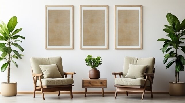 Living room interior, gallery wall poster frames mockup in white space with plenty of greenery and wooden furniture..