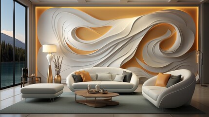 Wall Decals for 3D Abstraction that are Creative and Modern. 3D Luxury Three-dimensional Background in White and Gold..