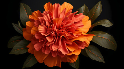 A graphic design of an orange marigold, with a fiery and intense color palette, presented on a smooth charcoal grey surface, embodying passion, creativity, and a bold spirit