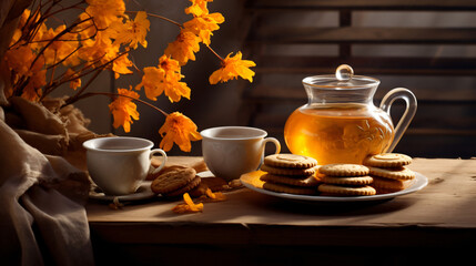 Naklejka na ściany i meble Autumn still life with cup of tea