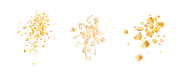 Parmesan cheese in small pieces on a white background in the air