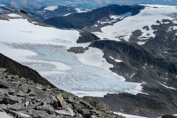 Glaciers at the summit of the Peaks in the mountains of Norway during summer - Jostedalsbreen...
