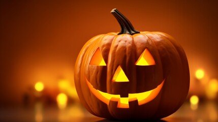 A close-up of a Halloween pumpkin with a classic, grinning jack-o'-lantern face, brightly illuminated from within, set against a solid yellow background, creating a festive and cheerful atmosphere