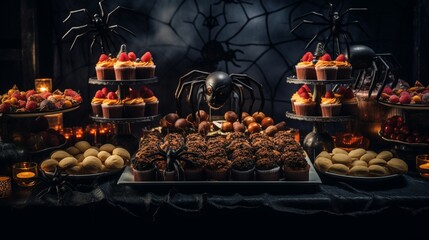 A close-up of a spooky yet delicious Halloween dessert table, featuring creepy-crawly cupcakes, chocolate spiders, and caramel apples, all set against a dark and mysterious backdrop