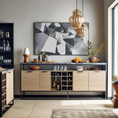  A polished iron-gray beverage hub with a sideboard 
