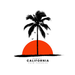 California sunset logo badge on white background graphics for t-shirts and other print production. Vector illustration for design. Palm tree silhouette sunset concept.