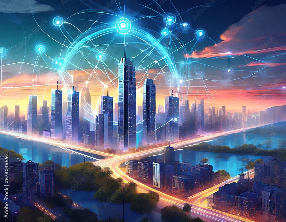Poster smart city concept with wireless network connection and cityscape smart city concept with wireless n