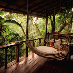 A Brazilian jungle treehouse lush greenery visible 
