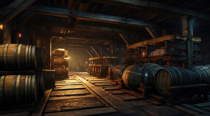 Fototapeta na wymiar Old cellar with bottles and barrels under castle making wine.