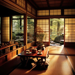 A serene Japanese tea house with a koi pond visible 
