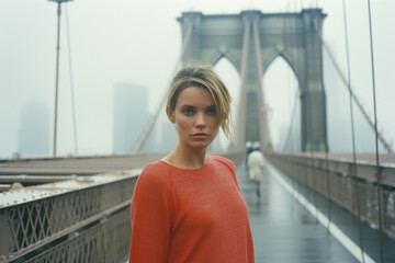 Pretty young woman taking a selfie on Brooklyn Bridge - Female tourist sightseeing New York.