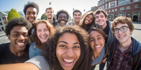 Group of diverse and enthusiastic students gather for a portrait capturing the essence of their youthful energy and camaraderie.