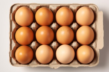 A tray of brown fresh hen's eggs on beige background. Eco-friendly egg production. Baking ingredients. Organic chicken eggs - fresh from producer. Top view. Free space for text.