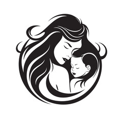 mother and baby stylized vector symbol, mom hugs her child logo template