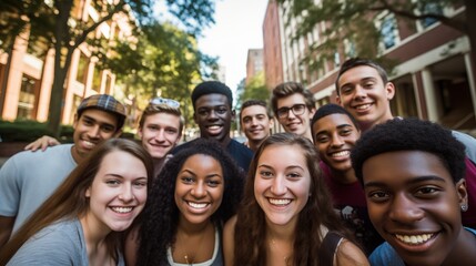 Obraz premium Group of diverse and enthusiastic students gather for a portrait capturing the essence of their youthful energy and camaraderie.