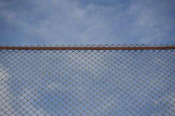 prison fence. painted Wire netting on a fence with blue sky behind close-up. Barbed mesh wire fence...