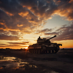 Military tank at sunset. Generative ai. 