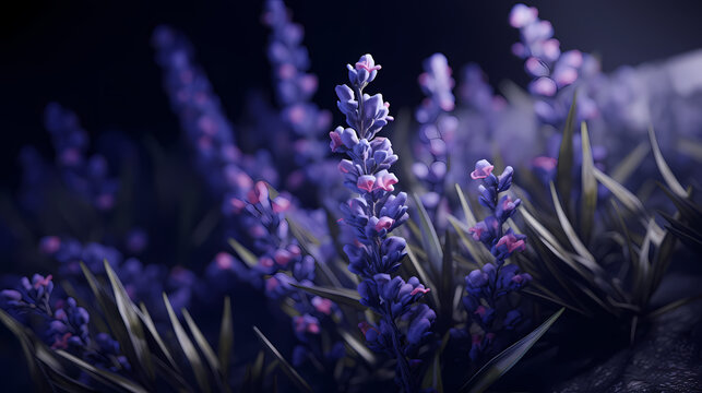A photorealistic 3D render of purple lavender, with a focus on its soothing and calming effect, set against a matte black background, promoting a sense of tranquility and serene meditation
