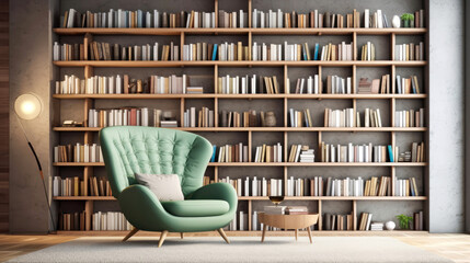 German bookcase with green leather chair in cozy room