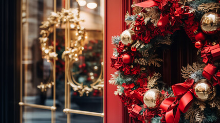 Christmas decoration details on English styled luxury high street city store door or shopping window display, holiday sale and shop decor