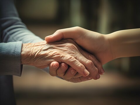 Taking care of the elderly concept with young woman holding the hand of a senior. Generative AI
