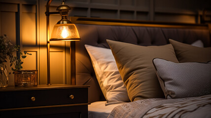 Modern cottage evening bedroom decor, interior design and home decor, bed with elegant bed linen...