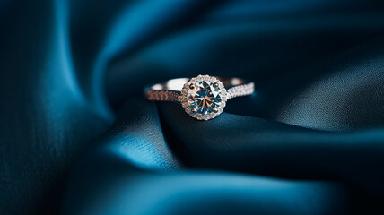 Jewellery, proposal and holiday gift, diamond engagement ring on blue silk fabric, symbol of love, romance and commitment