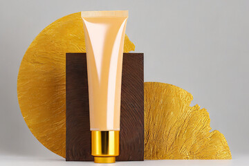 Mockup in the form of a gold and white cream bottle.