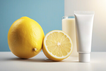 Mockup in the form of a gold and white cream bottle.