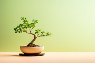 Miniature bonsai tree in a ceramic pot on a light background with a copy space 