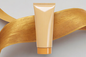 Mockup in the form of a gold and white cream bottle.