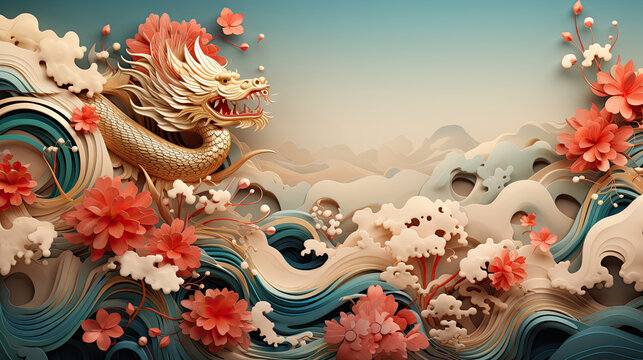 The 3D majestic Chinese dragon totem, swimming on the water, Chinese zodiac signs