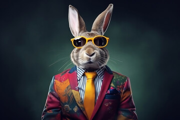 Cool looking rabbit wearing funky fashionable clothes, standing against background