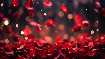Fotobehang Valentines day background with red rose petals and bokeh lights, symbol of love, romance and commitment © Anneleven