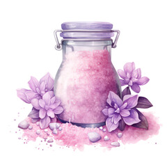 Watercolor Floral-scented bath salts arrangement is displayed against a transparent background for creative artworks that require floral illustrations.