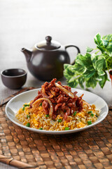 traditional chinese wok egg fried rice gong bao chicken meat xo sauce vegetable in plate on grey vintage background cafe hotel luxury halal food restaurant banquet menu