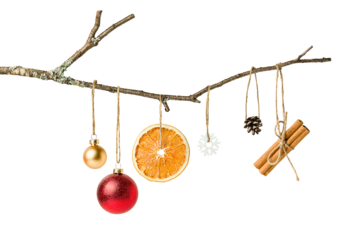 branch with Christmas decorations hanging on it, isolated on a white background. Christmas concept