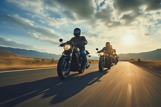 bikers on the road at sunrise, AI generated