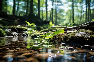 Fototapeta premium Calm forest river with large stones, tree leaves and moss. Blurred forest background. Generated by artificial intelligence