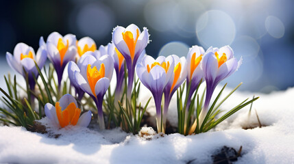 Beautiful crocus flowers in the snow.