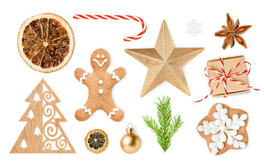 Fototapeta na wymiar collection of Christmas decorations, cookies and spices on a white isolated background
