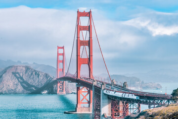 Beautiful view of the Golden Gate Bridge in San Francisco, pastel colors. Concept, travel, world attractions
