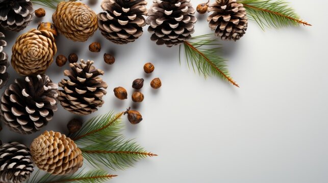 Frame composed of fresh fir branches and pine cones on a white, top view, copy space. AI generate