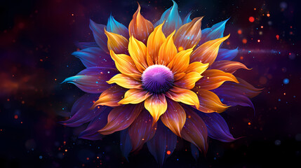 Obraz premium A vibrant, digital art rendering of a sunflower in yellow and orange hues, set against a deep purple, almost celestial background, symbolizing endless energy and the spirit of life